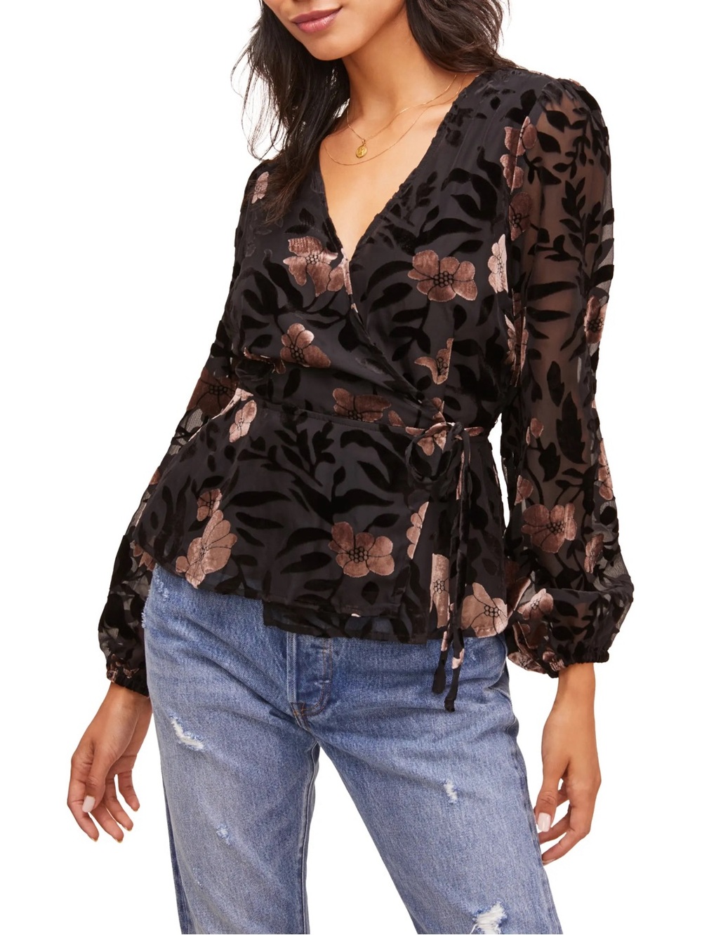 ASTR The Label | Floral Velvet Burnout Wrap Top Blouse Size Small Black Mauve